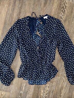 emory park Navy and White Polka Dot Tie-Neck Ruffle Blouse